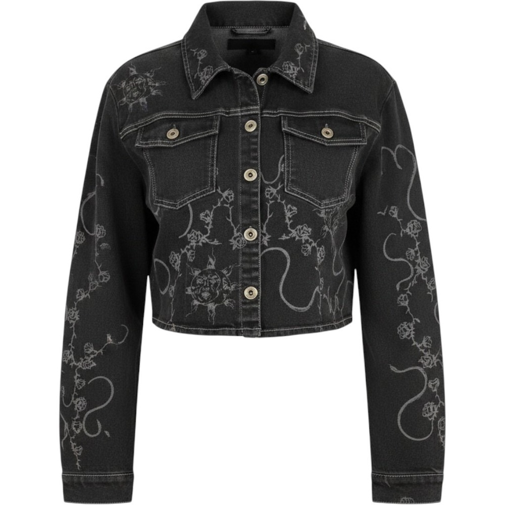 I.AM.GIA Black Washed Cropped Denim Jacket Rose Graphic Y2K Goth Women's M